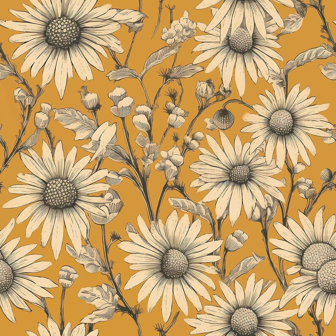 Livelynine 17.5x276 Vintage Floral Peel and Stick Wallpaper Antique Gold Retro Yellow Flowers Prepasted Daisy Wallpaper for Bathroom Girls Accent Wall Cover Boho Contact Paper for Cabinets Drawers