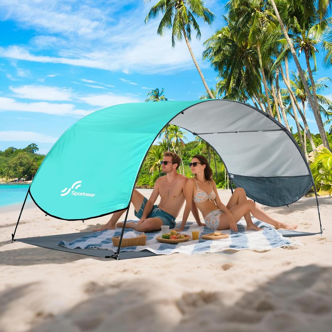 Sportneer Beach Tent Sun Shelter: UPF 50+ UV Protection Beach Canopy Tent Sun Shade for 2-3 Person, Easy Set Up Canopy with 8 Wind Ropes and 12 Ground Stakes for Beach, Size 96.5''x55.7'' (Turquoise)