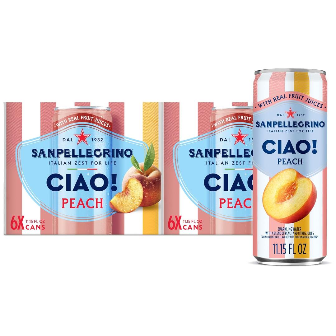 Sanpellegrino CIAO Peach Sparkling Water, Real Fruit Juice, 24 Pack (EXP 09/30/27)