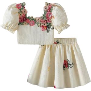MakeMeChic Toddler Girl's 2 Piece Outfit Summer Floral Puff Sleeve Crop Tops and Skirt Set (Beige)