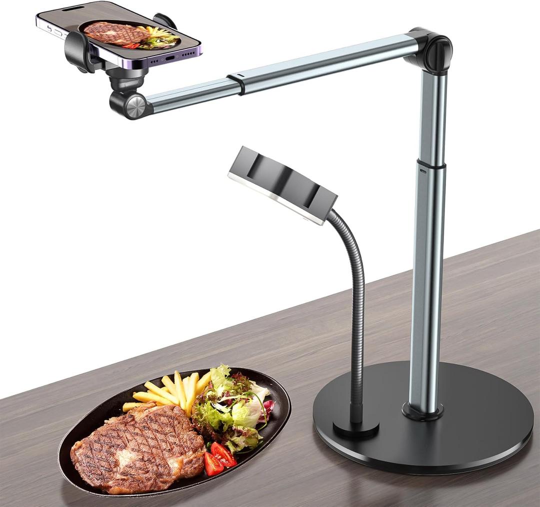 Overhead Phone Mount with Rechargeable Light for iPhone, Table Tripod for Content Creators, Portable Phone Camera Stand for Cooking, Video Recording, Filming, Nail Techs (Black)