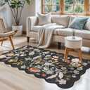 3x5 Washable Rug for Entryway - Non-Slip Scalloped Floral Area Rug for Living Room, Kitchen, Bedroom - Soft Ultra-Thin Boho Door Mat Stain Resistant Throw Rug (Black,3x5)