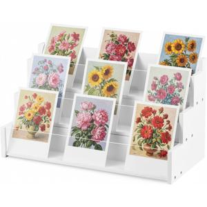 Yuntau 3 Tier Greeting Card Display Stand White Bamboo and Acrylic Sticker Display Stand Trading Card Holder Retail Photos Shelf for Vendors Craft Collection & Show