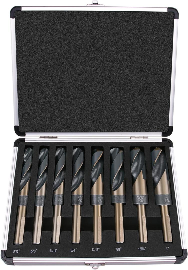 EFFICERE 8-Piece Premium 1/2 Reduced Shank Silver and Deming Large Drill Bit Set in Aluminum Carry Case, M2 High Speed Steel, 135-Degree Split Point | SAE Inch Size 9/16 - 1 by 1/16th Increment