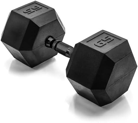 CAP Rubber Coated 65 Pound Dumbbell Weight, Free Weight for Home Gym Strength Training, Anti-Roll Hex Dumbbell with Black, Chrome & Comfort Grip Handles, Singles