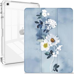 Feams for iPad 9th Generation Case 10.2 Inch, Trifold iPad 10.2 Case Clear Transparent Back Cover with Pencil Holder & Auto Sleep/Wake for iPad 9th/8th/7th Generation 2021/2020/2019, Blue Flower