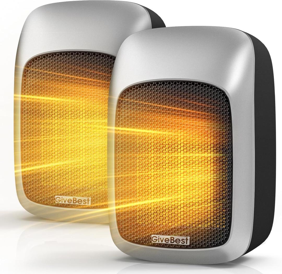 GiveBest Plug in Wall Space Heater with Remote, 800W Small Wall Outlet Heater with Adjustable Thermostat and 12H Timer, LED Display for RV Home Office Bathroom Indoor Use, 2 Pack (Silver)