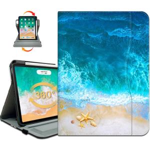 Rotating Case for iPad Air 11 Inch M4/M3/M2 2026, for iPad Air 5th/4th Gen Cases,for iPad Pro 11 Inch Case 4th/3rd/2nd/1st Generation Pencil Holder/Hand Strap/Pocket 360 Degree Rotating, Ocean Beach