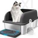 Stainless Steel Cat Litter Box with Enclosed Lid Extra Large Litter Box for Big Cats XL Metal Litter Tray Pan with High Sides Wall Enclosure, Easy Cleaning, Anti-Leakage, Non-Sticky (Charcoal Gray) (6 Deep, Charcoal Gray & Sliver)