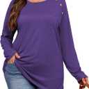 Plus Size Buttons Decor Long Sleeve Shirts Womens Raglan Sleeve Tshirts Casual Tops (Purple, XXL)
