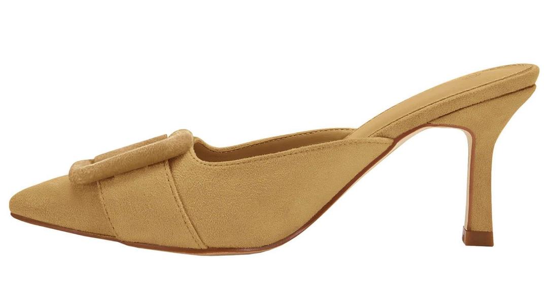 VETASTE Women's Heeled Mules Pointed Toe Suede Buckle Slip On Sandals Kitten Heels Party Wedding Shoes Khaki