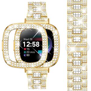Dsytom Bling Stylish Watch Band Compatible With Fitbit Versa 4, Sense 2, Versa 3, Sense - Cute Strap With Rhinestone Protective Case Cover for Women (Gold)