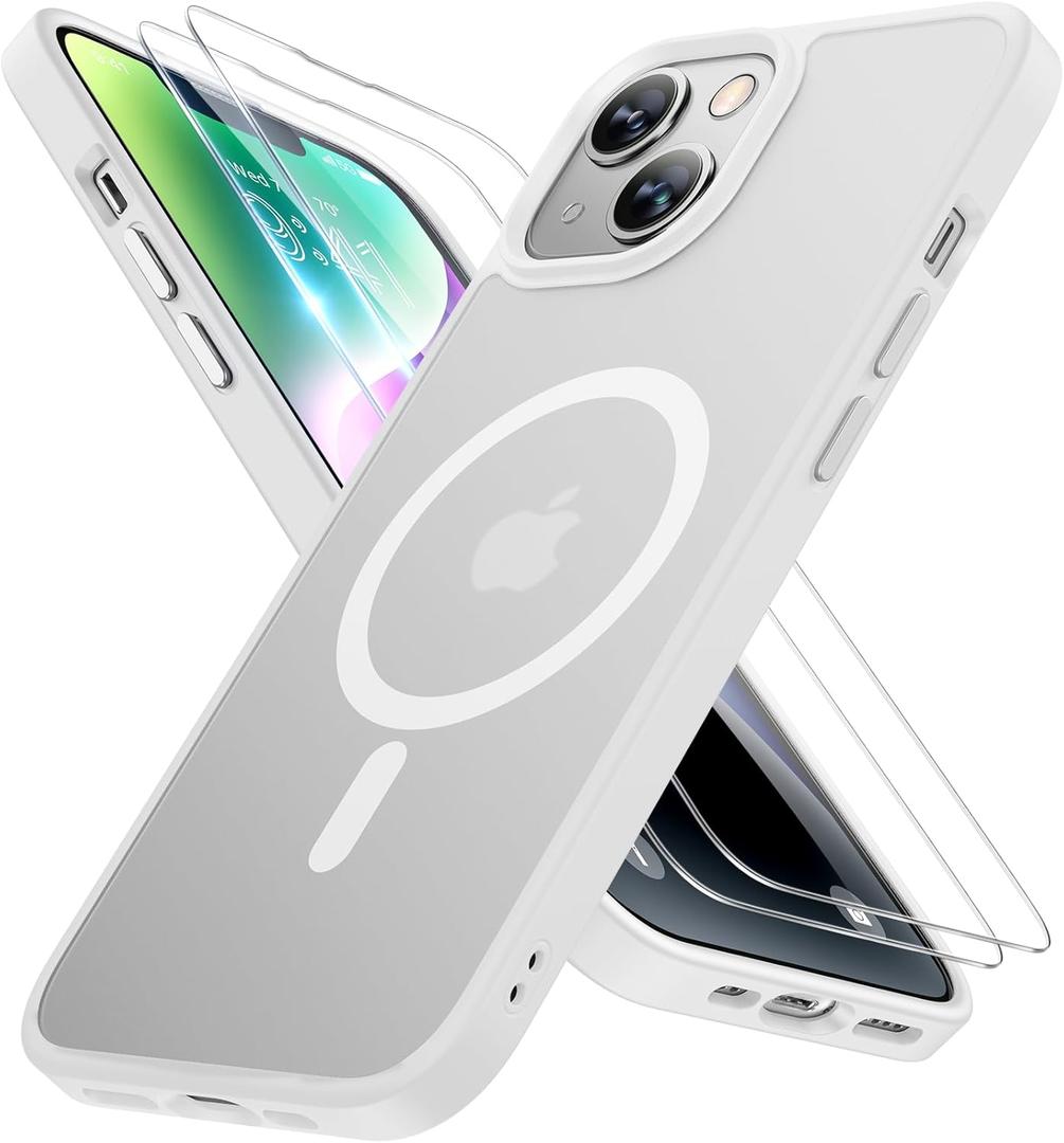 Miracase Magnetic for iPhone 14 Case 6.1 inch (Compatible with MagSafe)with 2X Screen Protectors Military-Grade Protection, Anti-Fingerprint Translucent Matte Phone Case Cover, White