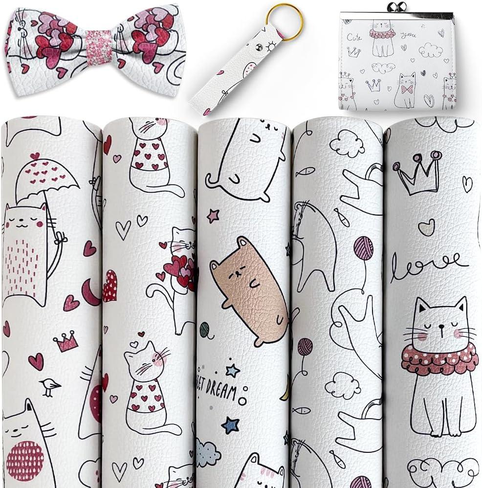 5 Pcs Cute Animals Faux Leather Sheets for Crafts 8.2x11.8 Inch Cartoon Cat Synthetic Leather Sheets for Hair Bow Making Decoration Supplies DIY Handicrafts