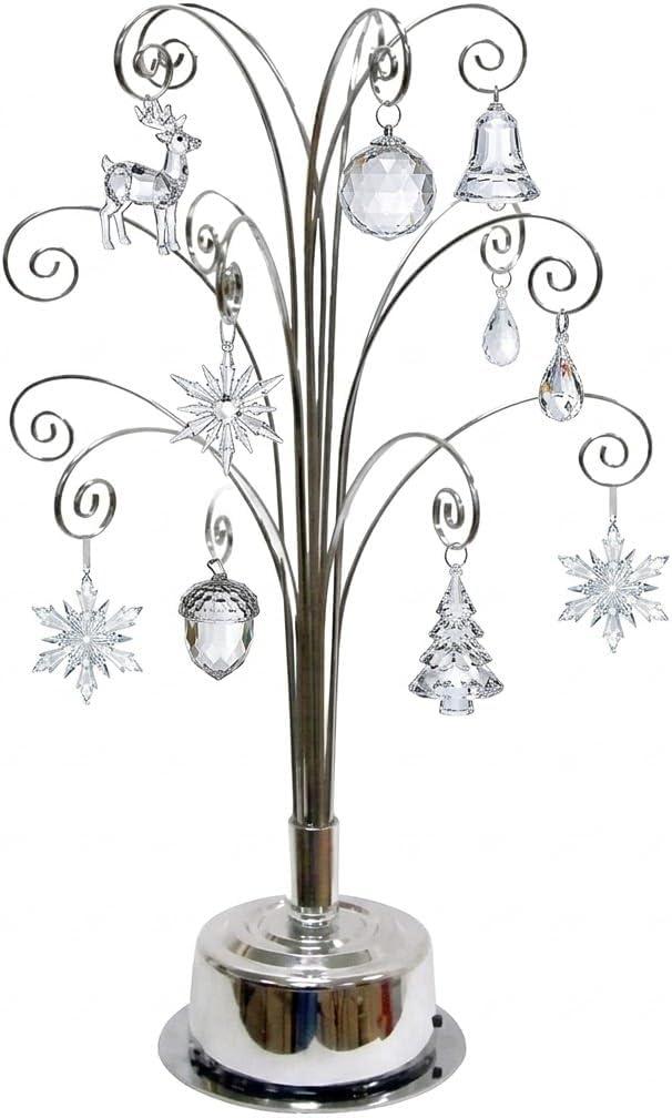 HOHIYA Ornament Display Stand 360 Rotating Christmas Tree Display with 15 Metal Hooks Tabletop Ornament Hanger for Crystal Glass Baubles Elegant Chrome Silver Eater Decor