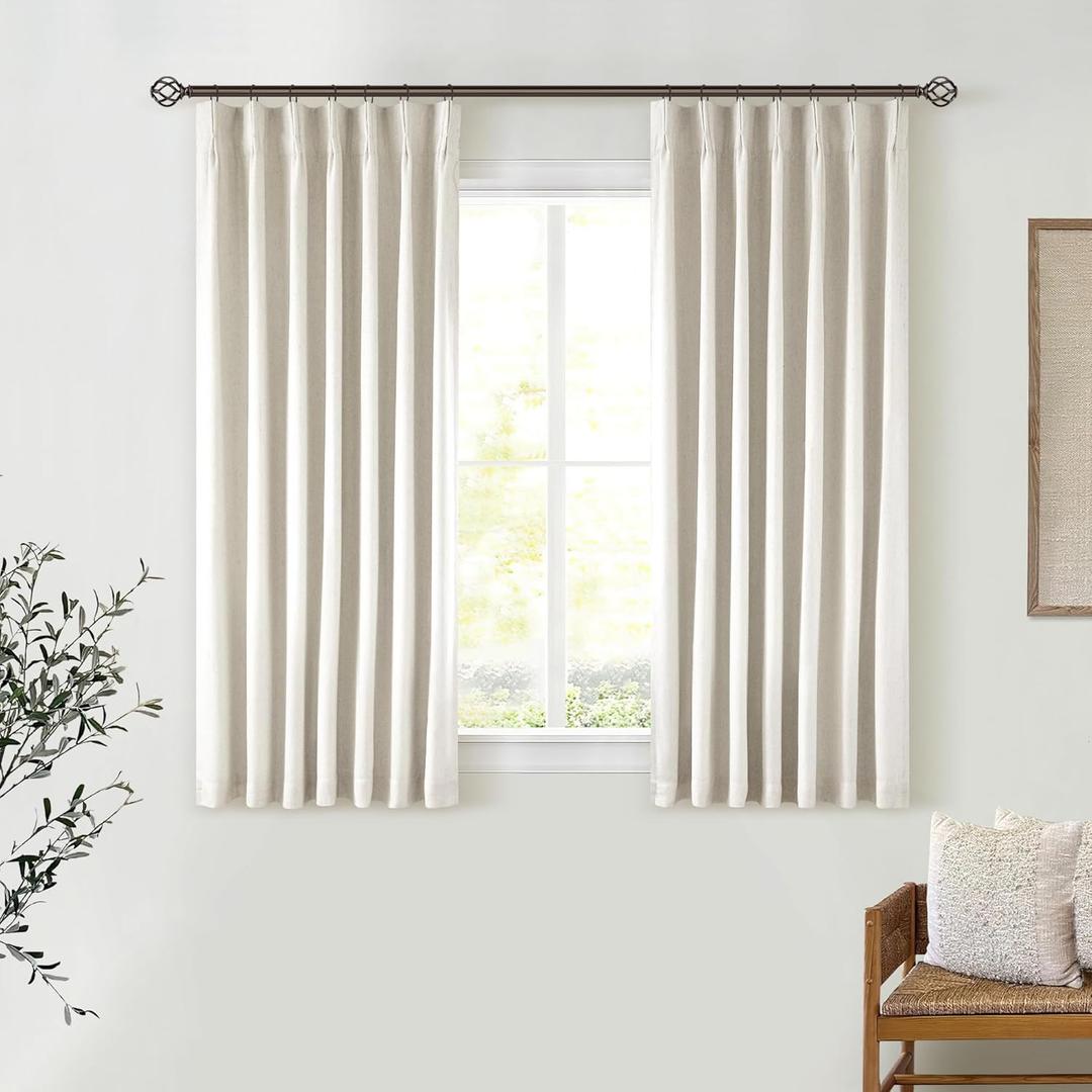 Cream Short Linen Curtains for Small Window 2 Panel Set Kitchen Curtains 45 Inch Length Pinch Pleated Back Tab 100% Blackout Natural Linen Room Darkening Thermal Insulated Drapes for Cafe Bathroom