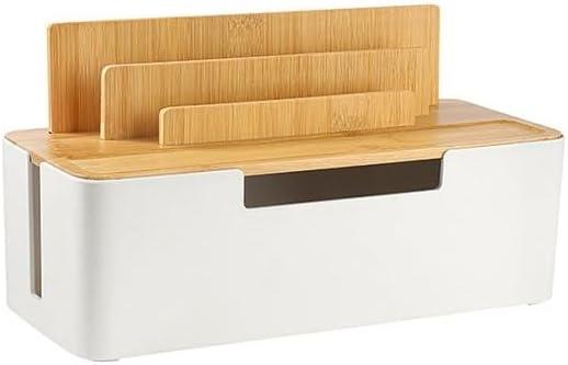 Cable Management Box with Wooden Lid, Multi-Device Organizer for Phones/Tablets/Smartwatches, Desktop Cord Organizer for Tidy Workspace (White)
