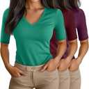 Ficerd 3 Pack Women's Half Sleeve V Neck T Shirts, Cotton Elbow Length Sleeve Shirt Slim Fit Tunic Top Casual Summer Tee, M