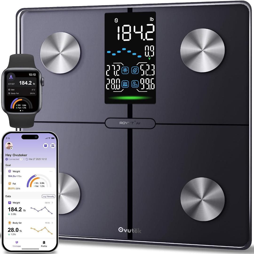 Ovutek Smart Scale for Body Weight, Professional Bathroom Digital Scale with BMI, Body Fat, Muscle Mass, Most Accurate to 0.05lb, Large Display High Accurate Body Composition Machine with Fitness App, 11.0 x 11.0 in, Black