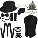 GOLDGE Gatsby-inspired 1920s Men's Costume Set with Gangster Vest, Pocket Watch, Hat, Suspenders Accessories for Halloween Cosplay or Retro Parties, Size XL