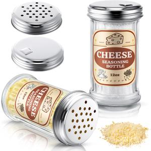 Feekoon 2 Pack 12 Oz Glass Parmesan Cheese Shaker, Salt Sugar Shaker Dispenser with 2 Stainless Steel Flap Lid and 2 Perforated Lid, Sugar Pourer Airtight, Parmesan Cheese Jar Dispenser for Kitchen