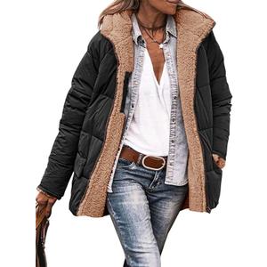 Tankaneo Womens Reversible Puffer Jackets Sherpa Lined Fleece Winter Coats Casual Zip Up Hooded Warm Outerwear