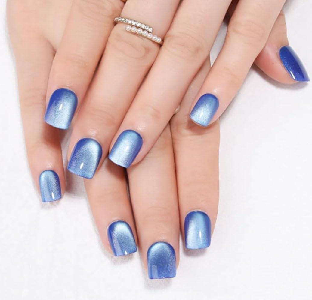 evpct Light Sky Blue Cat Eye Glitter Extra Short Press on Nails Square
