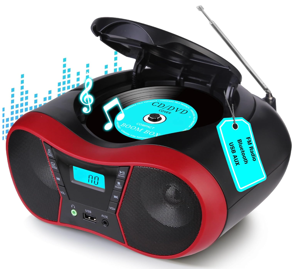 Boombox CD Player Portable, Portable CD Players for Home, Radio CD Player Stereo with AUX/USB/FM/Bluetooth, AC/Battery, Sleep Timer, Boom Box with Bluetooth Gift for Kids,Seniors,Home, Red
Amazon's Choice