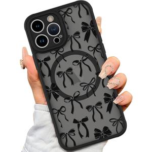 AIGOMARA Case for iPhone 14 Pro Max [Compatible with MagSafe] Black Ribbon Bow Pattern Design Soft TPU Bumper Hard PC Back Anti-Fall Shockproof Protective Slim Magnetic Cover for Women Girls