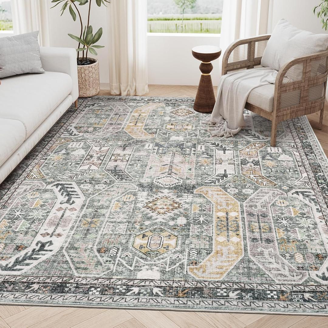 befbee 6x9 Area Rugs for Living Room  Stain Resistant Machine Washable Rugs for Bedroom,NonSlip Backing Large Area Rug (Green/Gold, 6'x9')