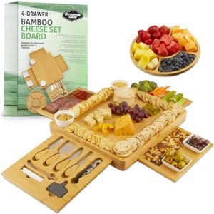 Dynamic Gear Charcuterie Board with Pull Out Drawers - Expandable Bamboo Cheese Board Set with Utensils, Bowls, Serving Trays, Utensil Drawer, and Appetizer Tray - Chic Charcuterie Boards with Drawers