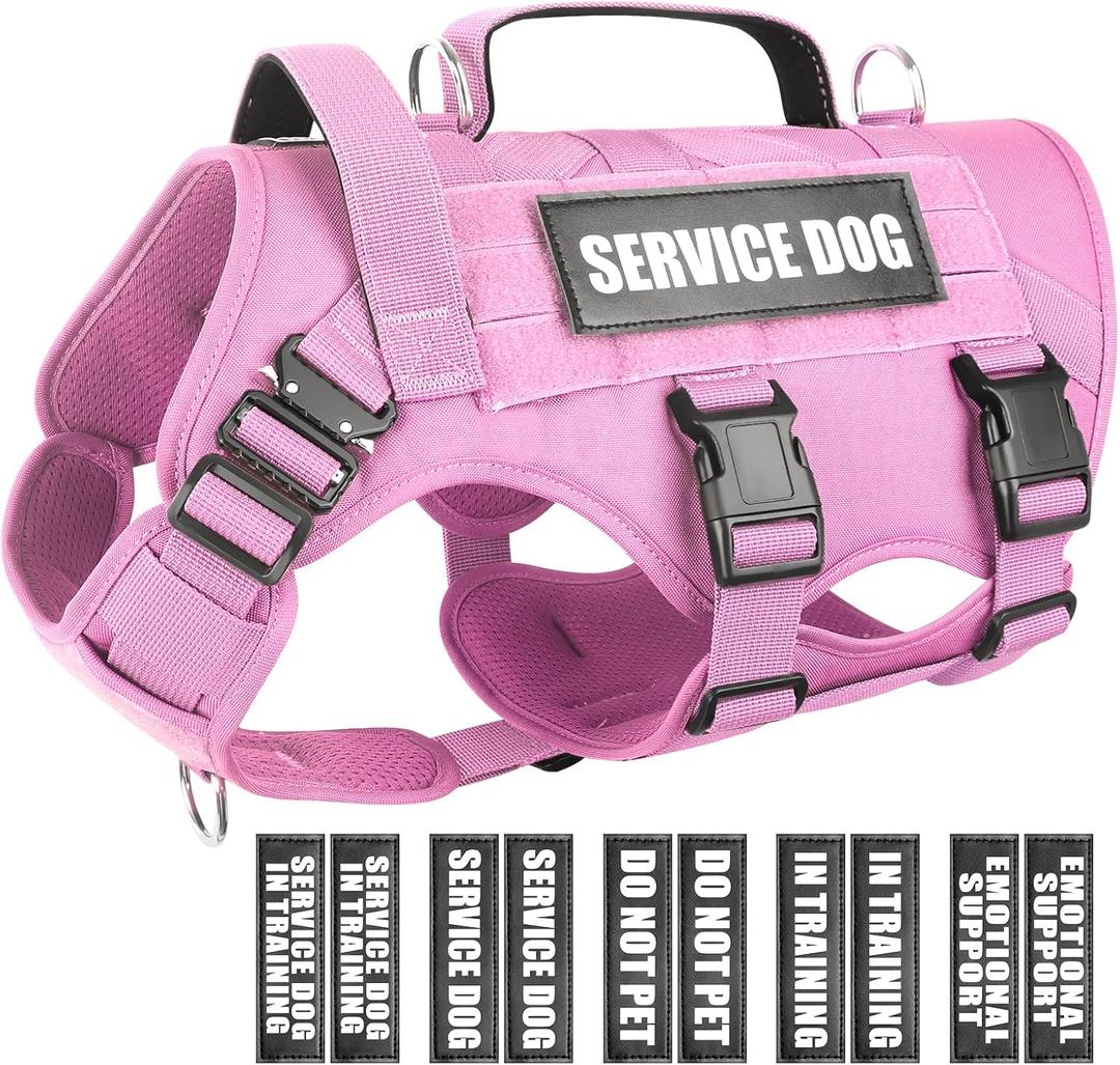 WINSEE Service Dog Vest Harness for Large Dog, Tactical Working MOLLE Vest with 10 Pet Patches, No Pull Heavy Duty Harness for Training Hunting Walking,  X-Large, Pink