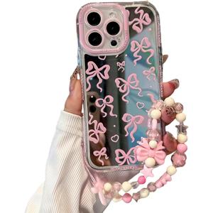 for iPhone 16 Pro Max Case, [Pink Bow Pattern][Shiny Mirror Case][2-in-1 with Beaded Wrist Strap] Soft TPU Frame, Shockproof and Anti-Shock, Suitable for Women & Girls
