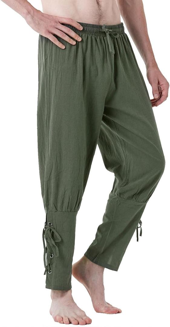 JEMITOP Men's Pure Cotton Vintage Ankle Banded Pants for Renaissance Pirate Viking Medieval Costume (Large, Army Green)