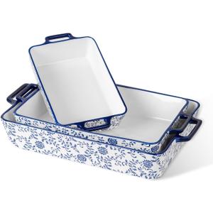 Ceramic Bakeware Set - Casserole Dish Baking Dishes for Oven - Rectangular Lasagna Pans with Handles for Kitchen Cooking - Microwave & Dishwasher Safe - Set of 3 (15.1''/13.6''/9.9'') - Blue