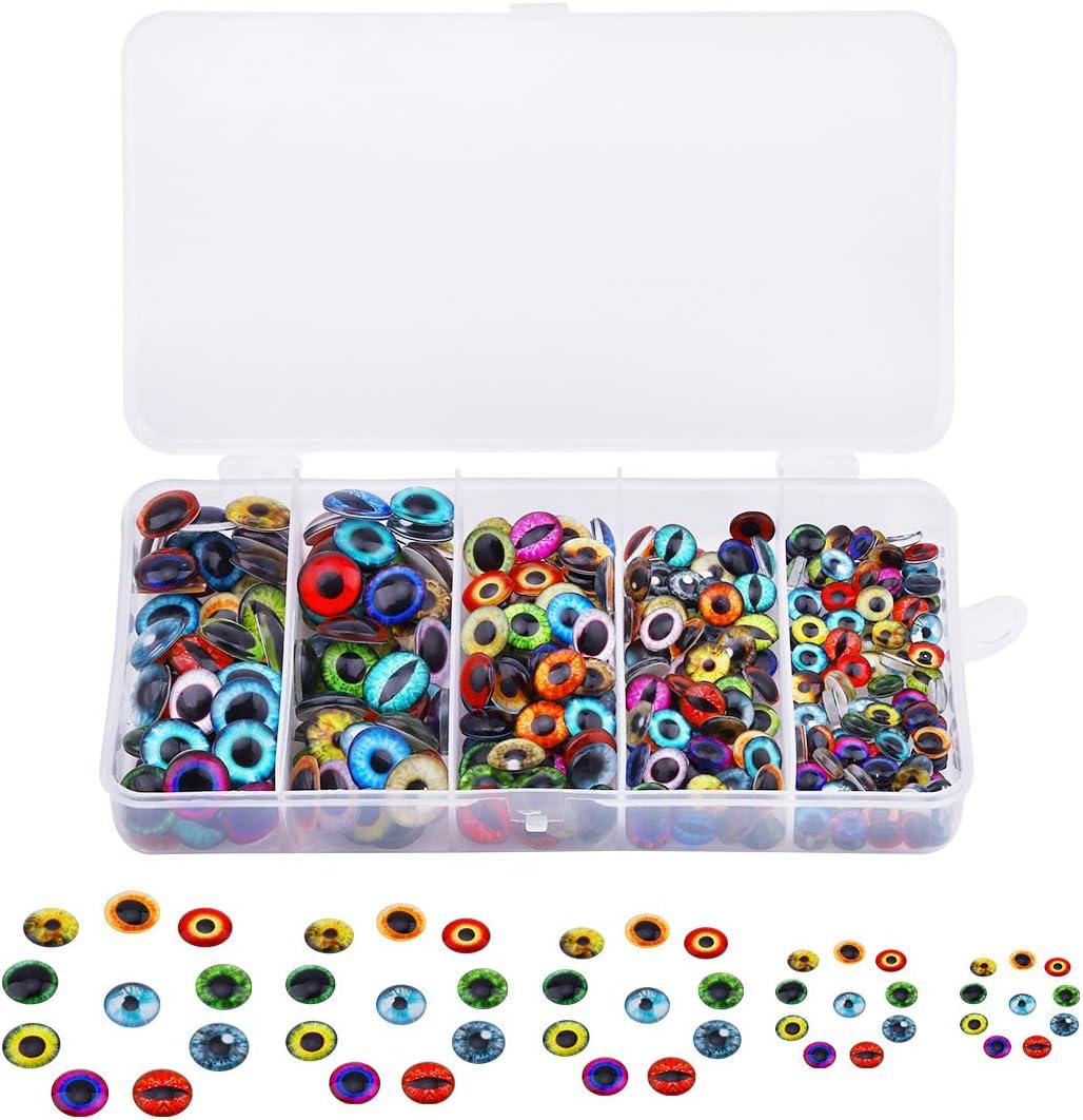 150PCS 8MM/10mm/12mm/14mm/15MM Assorted Round Glass Dragon Eyes Flatback Scrapbooking Dome Covered Cabochons for Doll Making and Jewelry Settings Craft