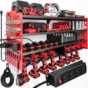 Large Power Tool Organizer Wall Mount with Charging Station,4 Layer Heavy Duty Metal Tool Storage Shelf Loads 600lbs,Battery Utility Rack With 4 Outlet Power Strip with 8 Cordless Drill Holder (Red)