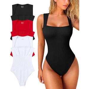 Oqq Women's 3 Piece Bodysuits Sexy Ribbed Strappy Square Neck Sleeveless Tummy Control Tank Tops Bodysuits (Large, Black, Red, White)