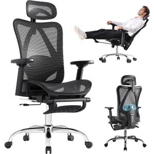 Ergonomic Office Chair, 3-Level Tilt Backrest, 3D Headrest & Armrest and Retractable Footrest, Mesh Breathable SGS Class 4 Gas Clylinder, Dark Grey and Black