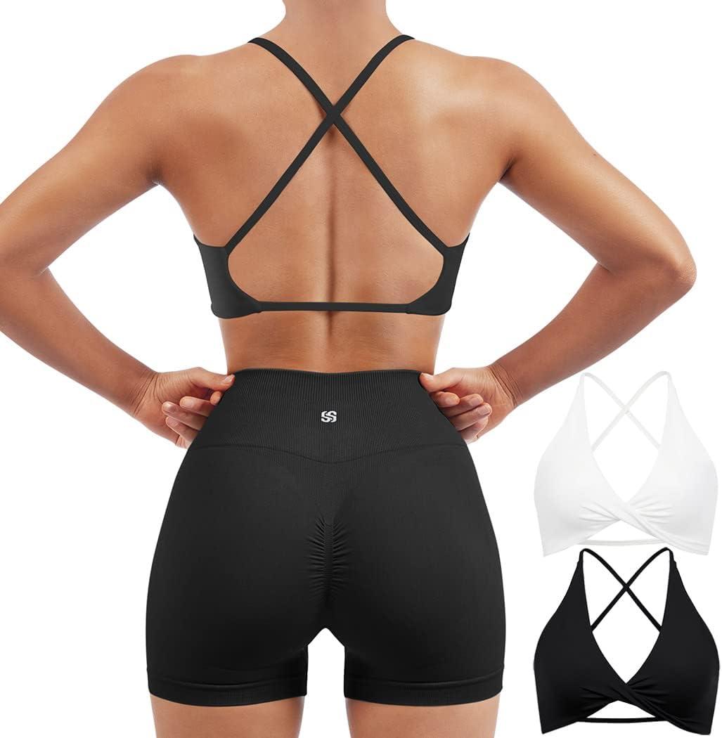 SUUKSESS Women 2 Piece Open Back Strappy Sports Bra Pack Twist V Neck Workout Crops (Small, #2 White & Black)