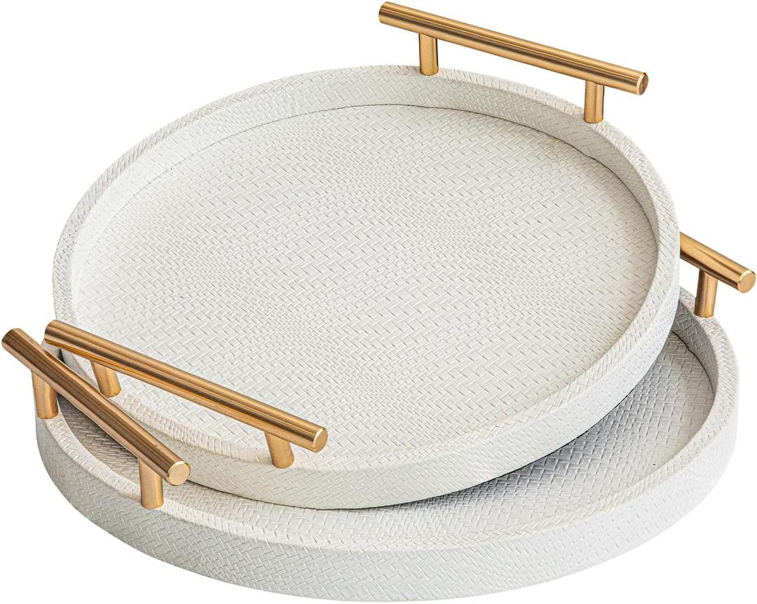 2 Piece White Round Serving Tray with Handles, Woven-Texture Faux Leather Ottoman Tray for Living Room, Decorative Tray for Coffee Table Home Decor