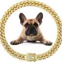 Dog Necklace Metal Cuban Link Dog Collar Gold Crystal Chain Collar with Design Secure Buckle Pet Collar Jewelry Accessories for Small Medium Large Dogs Cats(8inch)