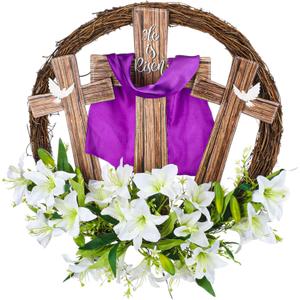Easter Wreath Cross Door Sign Decorations He is Risen Wooden Wreath Hanging Sign Easter Christian Floral Door Decor 16.54 Inch for Home Wall Spring Party Favor Supplies Gift(Fresh)