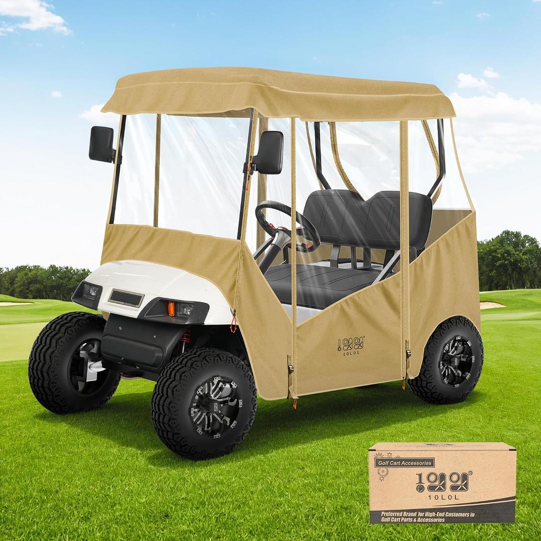 10L0L Universal Golf Cart Enclosure Compatible with EZGO and Club Car Models, 2-Passenger Golf Cart Waterproof 420D Material Windproof Transparent on 2 Sides, Khaki