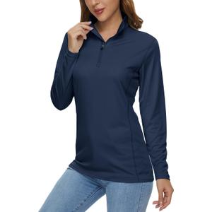 MAGCOMSEN Women's Shirts Long Sleeve 1/4 Zip UPF50+ UV Sun Protection Quick Dry Workout Hiking Athletic Shirts Rash Guard (Large, Navy)