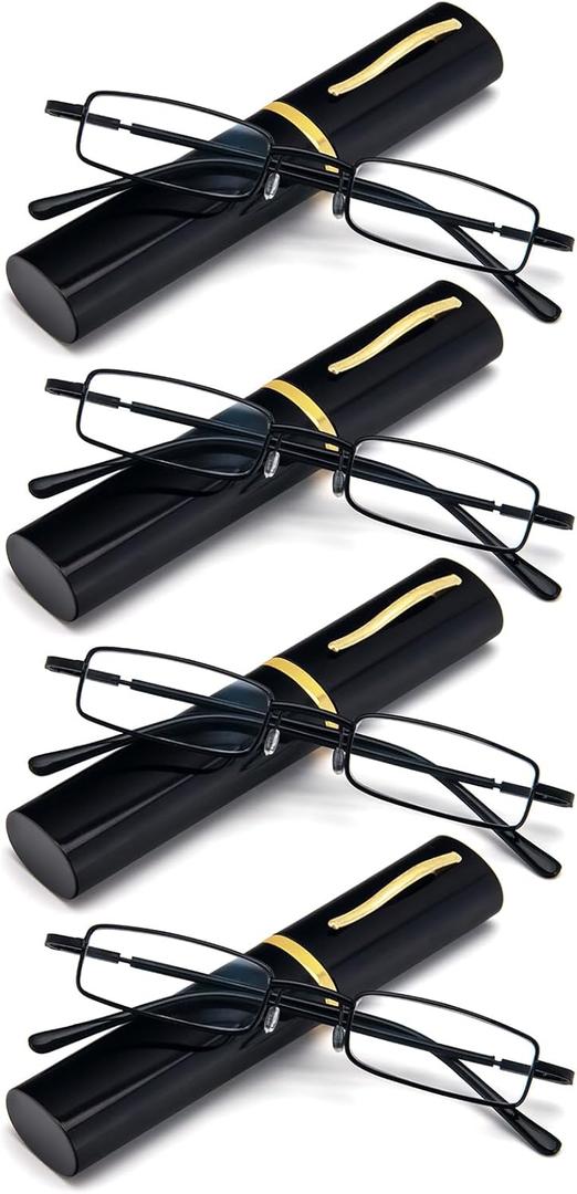 REAVEE 4 Pair Slim Pen Reading Glasses Tube Reader Glasses Men Women Small Readers Spring Hinged Eyeglasses with Portable Clip Case, Black 3.0