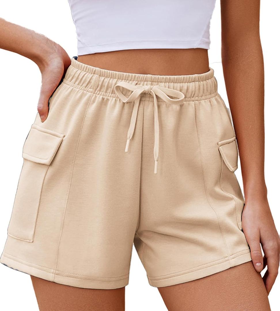 PINSPARK Sweat Shorts Women Baggy Soft Athletic Short Lounge Cargo Shorts High Waisted Drawstring with Pockets, L