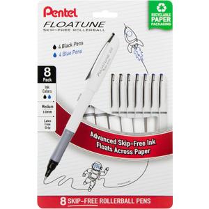 Pentel Floatune Rollerball, 0.8mm Medium Point, Black & Blue Ink, Pack of 8 Pens (BY108PF8AC)