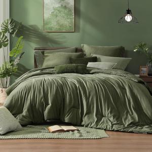 Monbix Queen Comforter Set  7 Pieces Cationic Dyeing Olive Green Bed in a Bag Queen Bedding Sets with Comforter, Sheets, Pillowcases & Shams, Reversible Bedding Comforters Sets