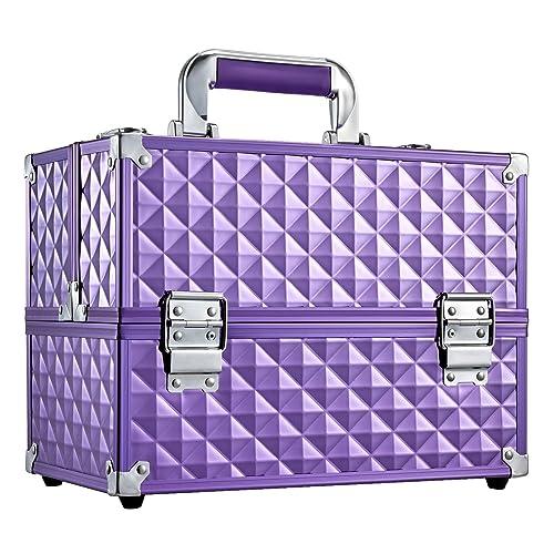 Frenessa Makeup Train Case 12 Inch Portable Cosmetic Case - 6 Tier Professional Makeup Storage Box Organiser Box Make Up Carrier with Lockable Keys Travel Case for Women and Girls - Purple